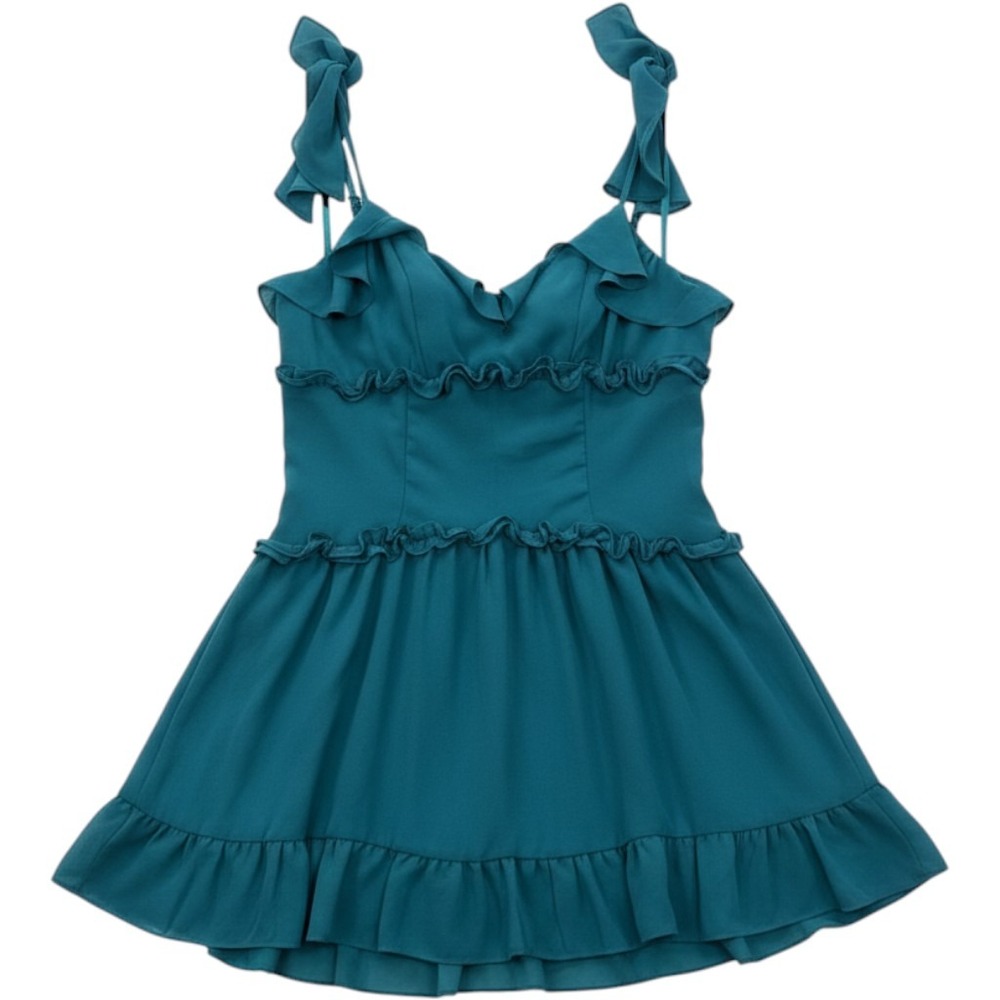 B. Darlin Womens Teal Blue Ruffle Tie Strap Fit Flare Mini Dress Size 11/12